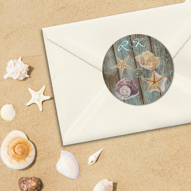 Adesivo Redondo casamento elegante e romântico de conchas de praia (elegant romantic cottage seashells beach wedding classic round sticker)