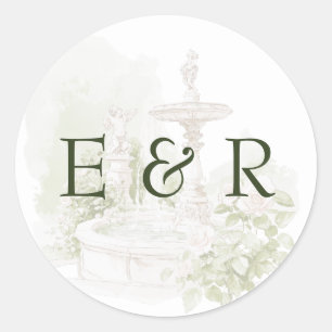 Adesivo Redondo Casamento Elegante em Jardim de Mansão em Aquarela