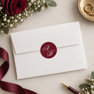 Adesivo Redondo Casamento Elegante em Script de Monograma Burgundy