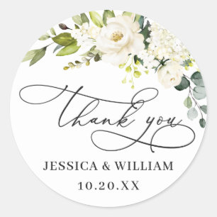 Adesivo Redondo Casamento Elegante Eucalyptus White Roses Obrigado
