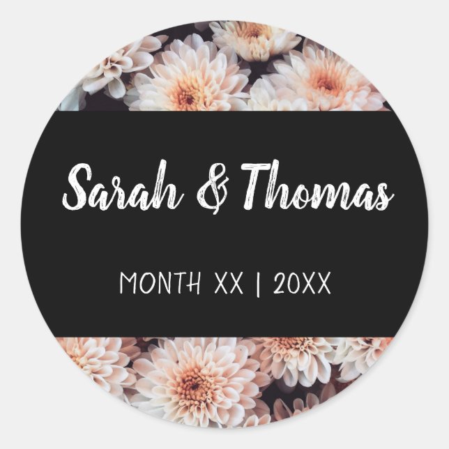 ADESIVO REDONDO CASAMENTO ELEGANTE FLORAL DE DAHLIA BRANCA (Frente)