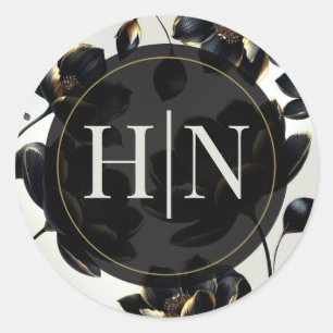 Adesivo Redondo Casamento Elegante Floral Preto e Dourado Greige