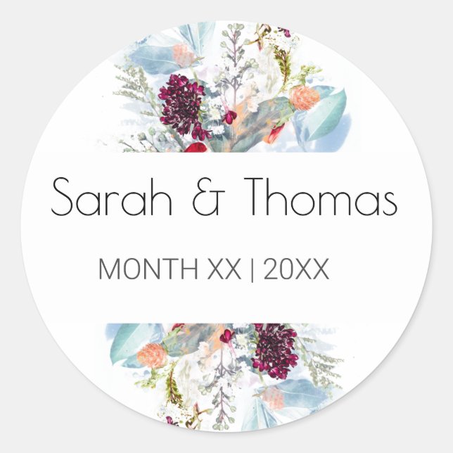 ADESIVO REDONDO CASAMENTO ELEGANTE FLORAL VERMELHO BRANCO E LARANJ (Frente)