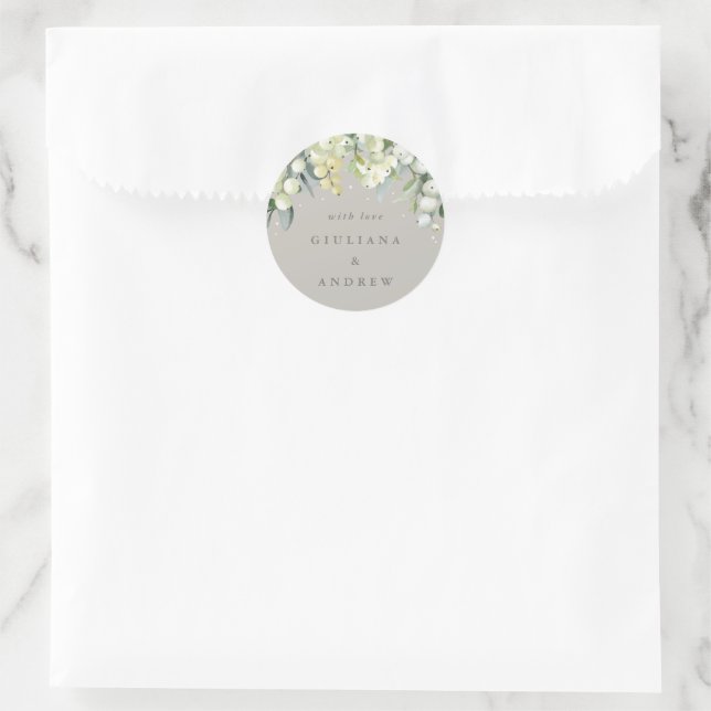 Adesivo Redondo Casamento Elegante Greige Snowberry+Eucalyptus (Bolsa)