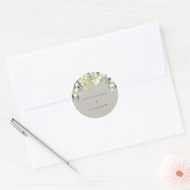 Adesivo Redondo Casamento Elegante Greige Snowberry+Eucalyptus (Envelope)