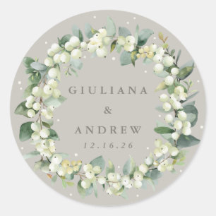 Adesivo Redondo Casamento Elegante Greige Snowberry+Eucalyptus Wre