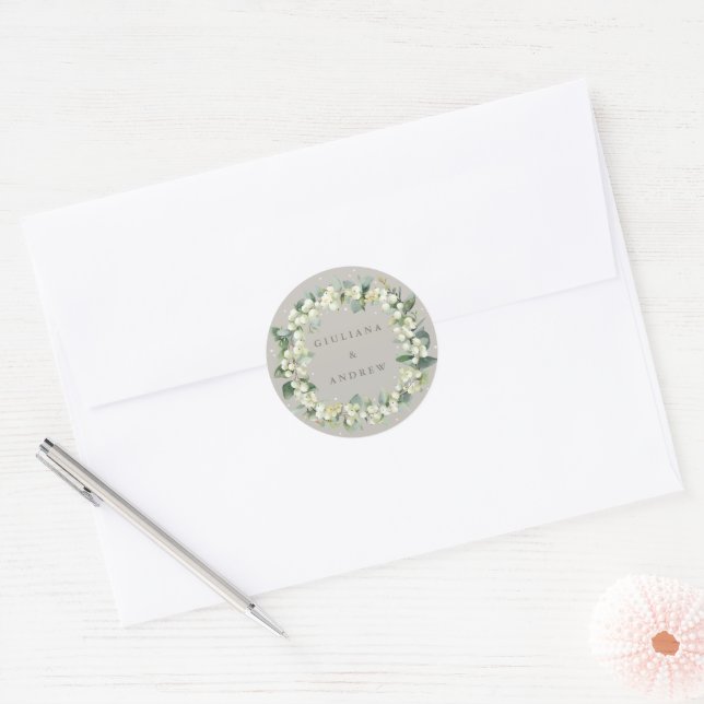 Adesivo Redondo Casamento Elegante Greige Snowberry+Eucalyptus Wre (Envelope)