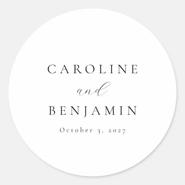 Adesivo Redondo Casamento Elegante Minimalista de Caligrafia Branc (Frente)