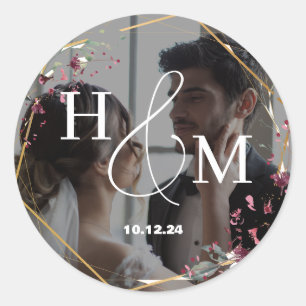 Adesivo Redondo Casamento Elegante Monogramado com Foto Floral Dou