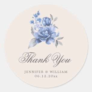 Adesivo Redondo Casamento Elegante Obrigado Azul Empoeirado Floral