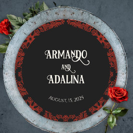 Adesivo Redondo Casamento Elegante Preto e Vermelho Floral Gótico 