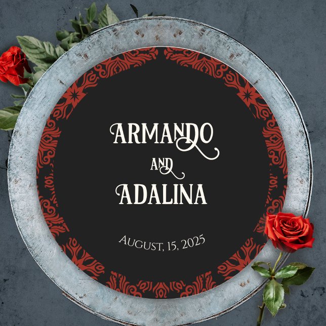 Adesivo Redondo Casamento Elegante Preto e Vermelho Floral Gótico  (Gothic Red and Black Wedding Sticker)