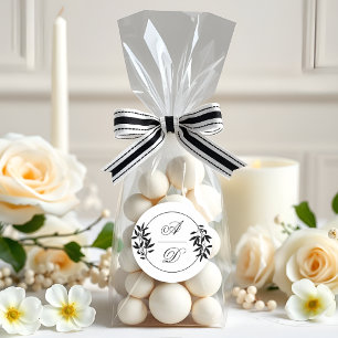 Adesivo Redondo Casamento elegante preto, ramo branco e iniciais