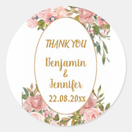 Adesivo Redondo Casamento Elegante, Rosa, Verde Floral, Obrigado