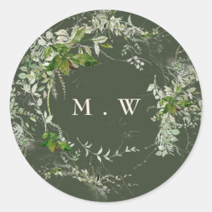 Adesivo Redondo Casamento Elegante Verde Eucalyptus Wreath Monogra