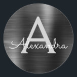 Adesivo Redondo Casamento em Monograma Girly Metálico de Folha Neg<br><div class="desc">Folha Negra Negra Moderna e Elegante Folha Negra Girly Metálica De Aço Inoxidável Aniversário,  Chá de panela,  Envelope de Casamento ou Favor Da Vinheta De Selo. Este adesivo pode ser personalizado para incluir seu nome inicial e nome próprio para um pacote de presentes.</div>