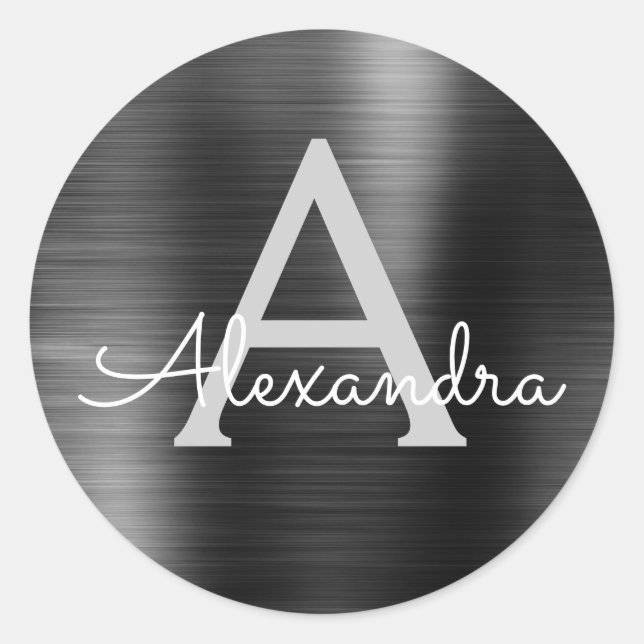 Adesivo Redondo Casamento em Monograma Girly Metálico de Folha Neg (Frente)