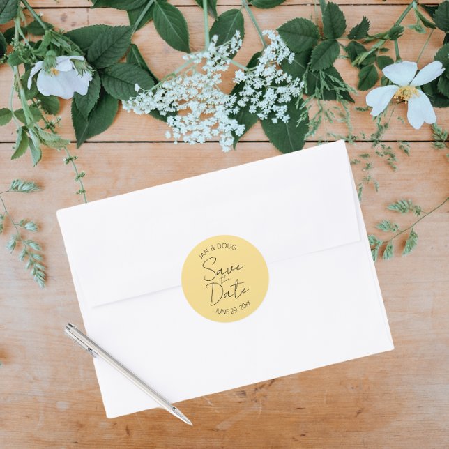 Adesivo Redondo Casamento Estilizado Amarelo Manteiga Salve a Data (In Situ Wedding)