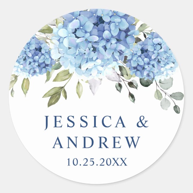 Adesivo Redondo Casamento Eucalyptus com Hydrangea Azul Elegante (Frente)