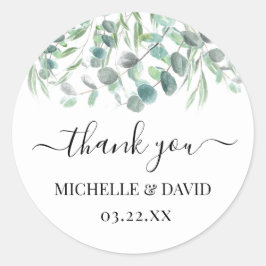 Adesivo Redondo Casamento Eucalyptus Greenery Obrigado Escrever