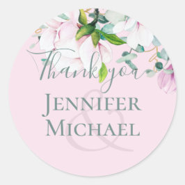 Adesivo Redondo Casamento Eucalyptus, Magnolias Rosa, Obrigado C