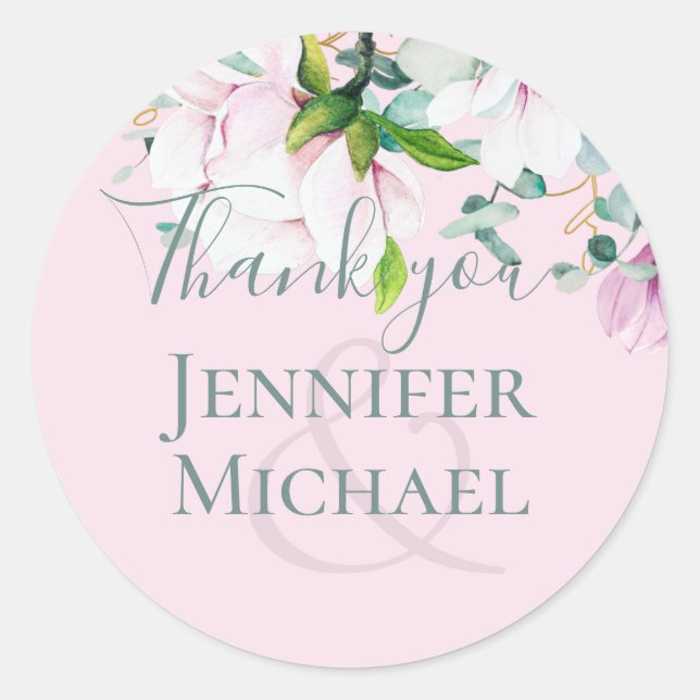 Adesivo Redondo Casamento Eucalyptus, Magnolias Rosa, Obrigado C (Frente)