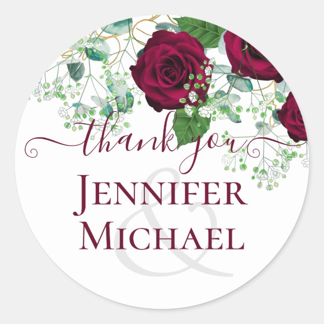 Adesivo Redondo Casamento Eucalyptus, Rosa da Borgonha (Frente)