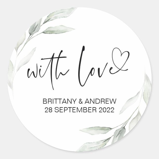Adesivo Redondo Casamento Favor Trate Bag Jam Com Amor Eucalyptus (Frente)