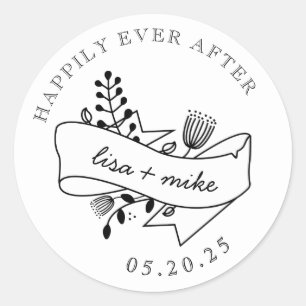 Adesivo Redondo Casamento Feliz Para Sempre Floral Desenhado à Mão