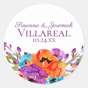 Adesivo Redondo Casamento floral alaranjado roxo da aguarela