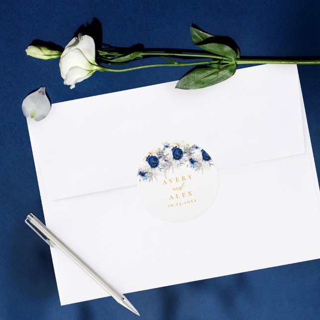 Adesivo Redondo Casamento Floral Amarelo e Azul Elegante (Criador carregado)