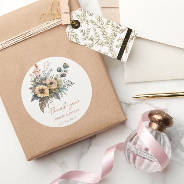 Adesivo Redondo Casamento Floral Amarelo e Pessegueiro Obrigado (Presentear)