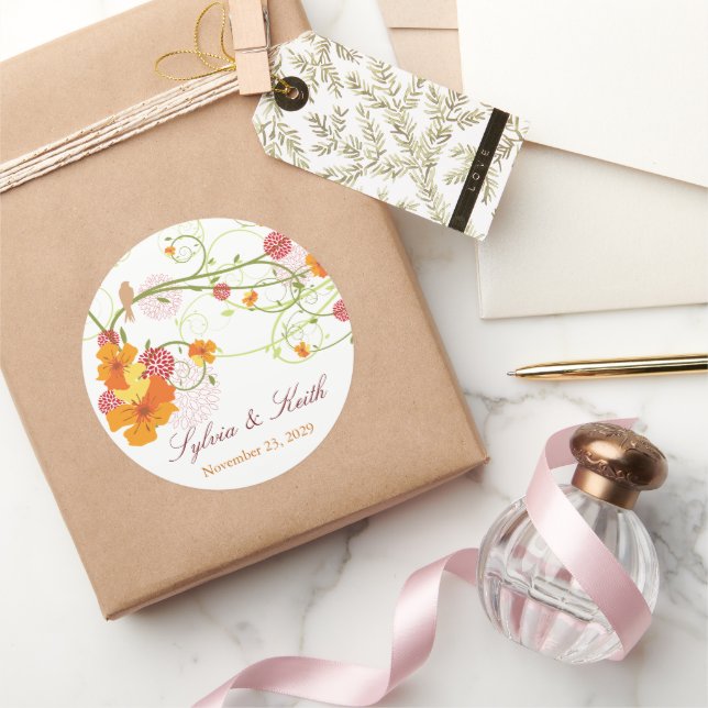 Adesivo Redondo Casamento Floral Amarelo Hibiscus Swirls & Swallow (Presentear)