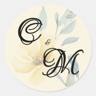 Adesivo Redondo Casamento Floral Amarelo Manteiga Pálido Azul Suav