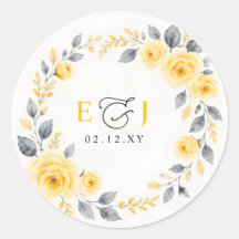 Casamento Floral Aquarela Elegante Amarelo Cinza
