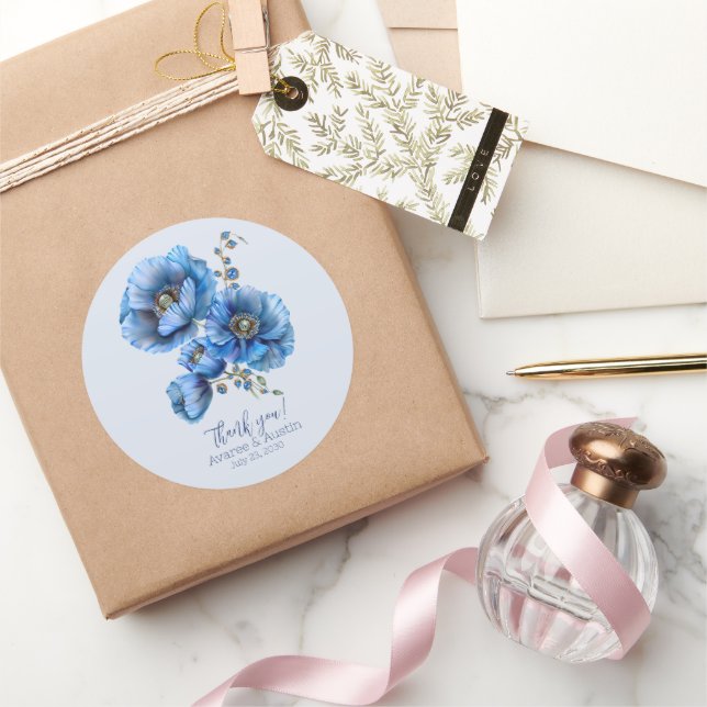 Adesivo Redondo Casamento Floral Azul, Agradeço (Presentear)