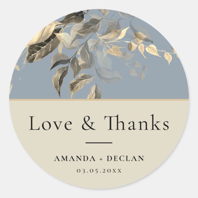 Adesivo Redondo Casamento Floral Azul com Folhas Selvagens (Frente)