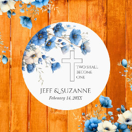 Adesivo Redondo Casamento Floral Azul Cruz Dois se Tornam Um
