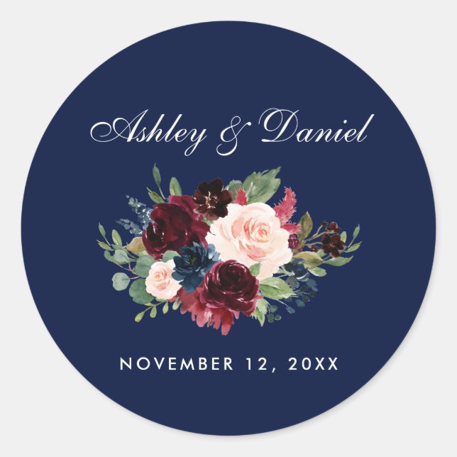 Adesivo Redondo Casamento Floral Azul Da Watercolor Burgundy (Frente)