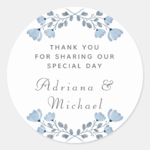 Adesivo Redondo Casamento Floral Azul Dusty Obrigado Sticker