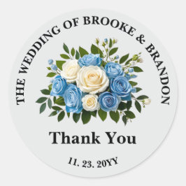 Adesivo Redondo Casamento Floral Azul e Branco Personalizado Obrig