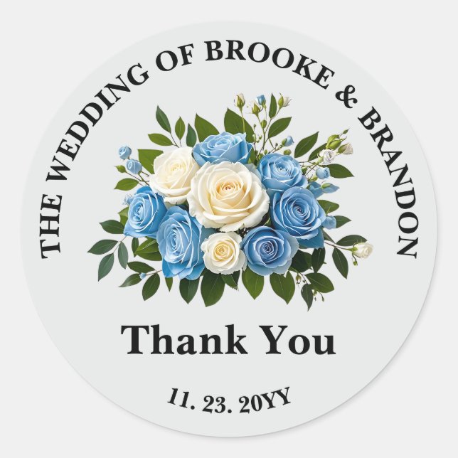 Adesivo Redondo Casamento Floral Azul e Branco Personalizado Obrig (Frente)