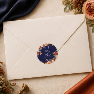 Adesivo Redondo Casamento Floral Azul Marinho Laranja Queimado Boh