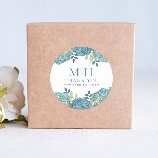 Adesivo Redondo Casamento Floral Azul Obrigado Personalizado (Blue hydrangea wedding favor custom sticker)