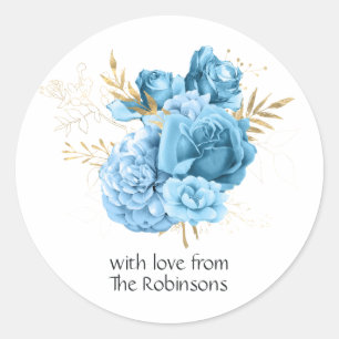 Adesivo Redondo Casamento Floral Azul Pastel e Dourado