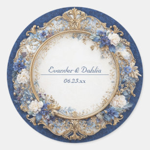 Adesivo Redondo Casamento Floral Azul Safira Vitoriano Dourado