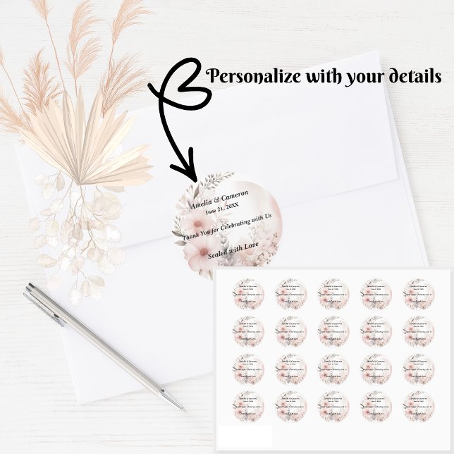 Adesivo Redondo Casamento Floral Blush Boho (Set the tone for your romantic celebration with our elegant boho blush & beige wedding suite)