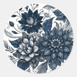 Adesivo Redondo Casamento Floral Boêmio Azul e Branco