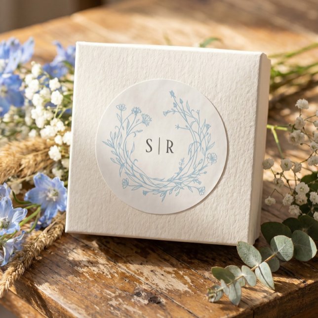 Adesivo Redondo Casamento Floral Boho Azul Suave Monograma Persona (Criador carregado)