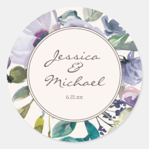 Adesivo Redondo Casamento Floral Boho de Aguarela Roxo Lilás